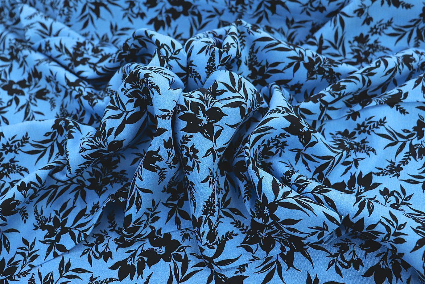 Штапель принт/цветы черные на синем 1374-PY/D#10/C#4
