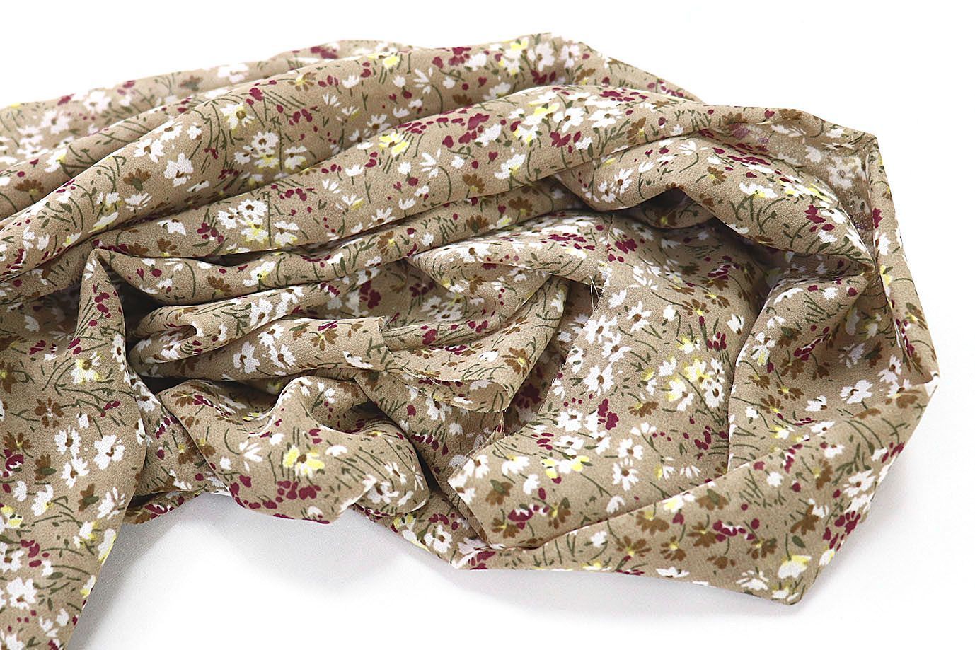 Шифон принт/цветы белые на светло-коричневом 3707-PY/D#51/C#2