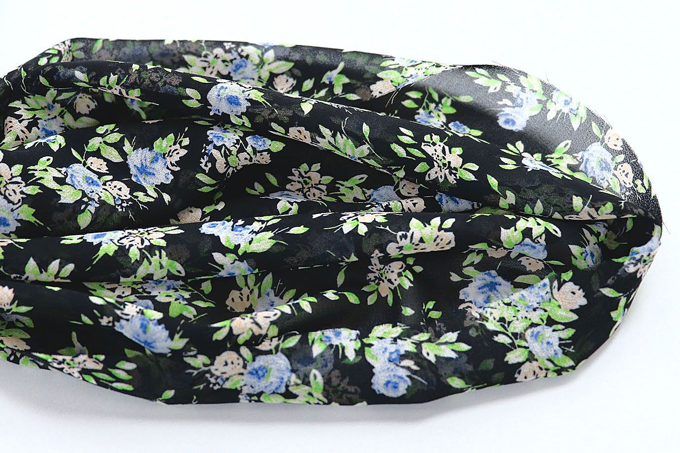 Шифон креп принт/цветы сине-зеленые на черном 3618-PY/D#2/C#1