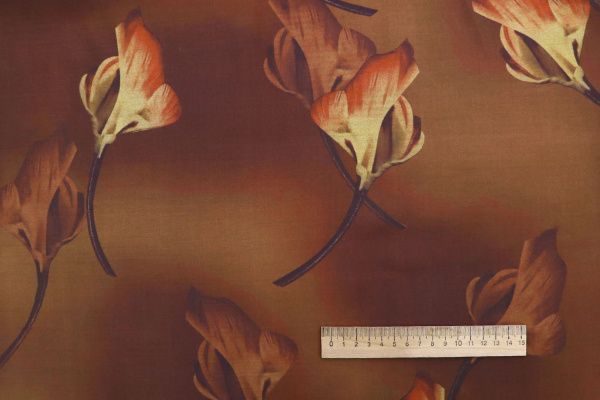 Сатин "Морокко" принт/цветы желто-оранжевые на коричневом 3888-PY/D#1/C#1