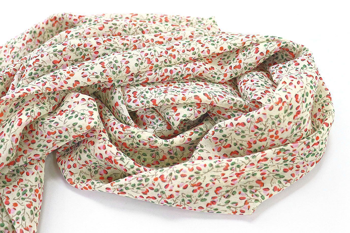 Шифон принт/цветы кораллово-розовые на молочном 3707-PY/D#23/C#2