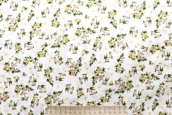 Шелк сатин принт/цветы желто-зеленые на молочном 4104-PY/D#1/C#2