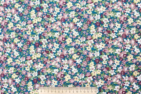Штапель принт/цветы розово-желтые на бирюзовом 4203-PY/D#40/C#1