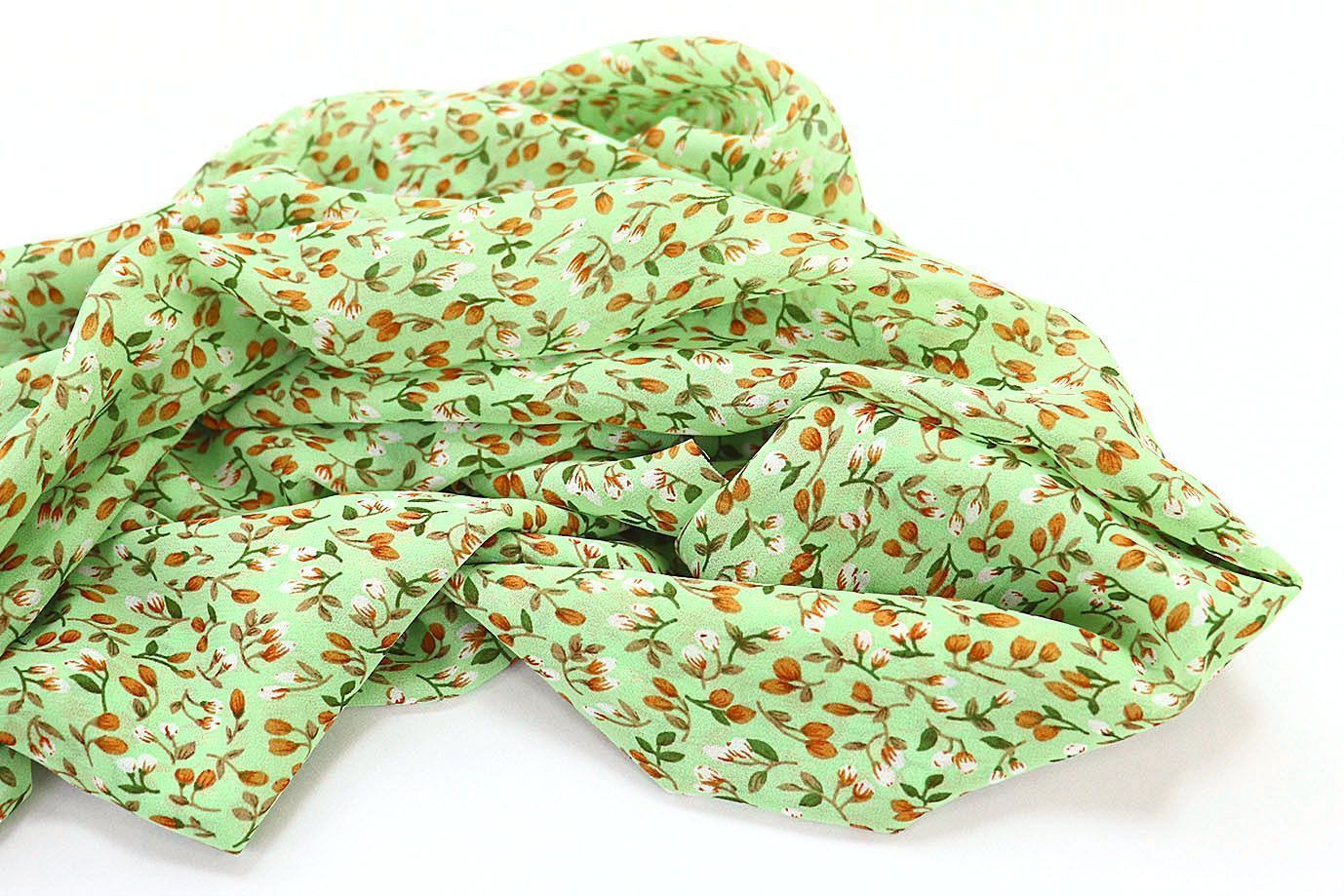 Шифон принт/цветы оранжево-белые на светло-зеленом 3707-PY/D#11/C#1