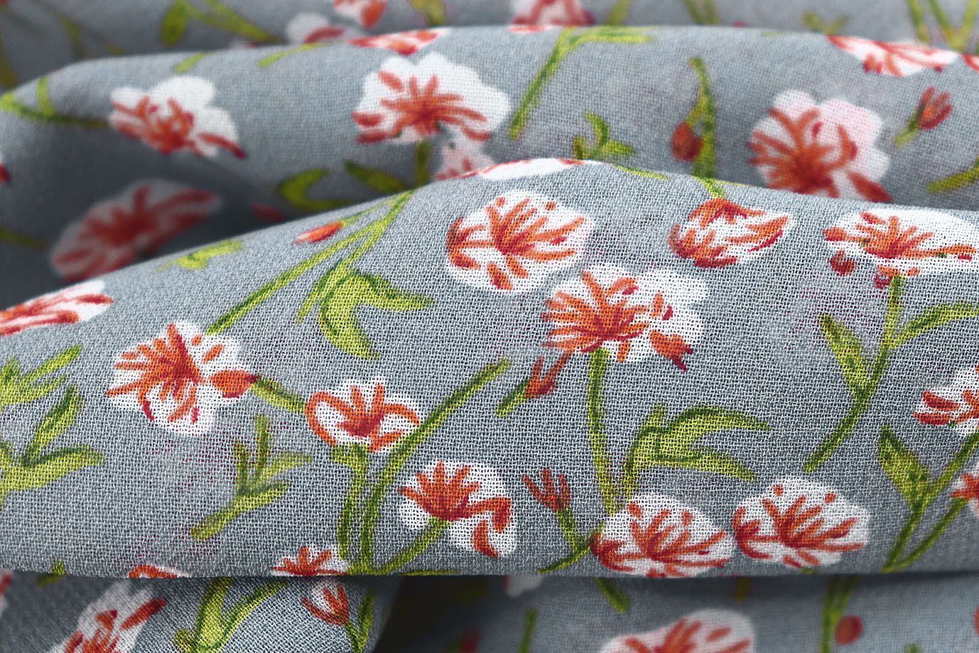 Шифон принт/цветы коралловые на сером 3707-PY/D#19/C#1