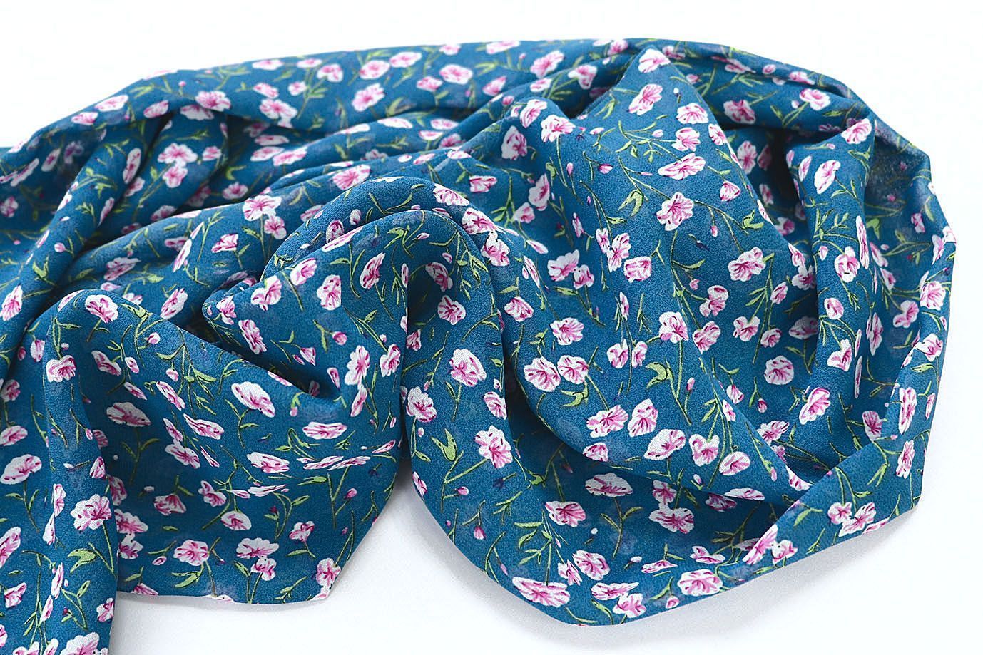 Шифон принт/цветы розовые на синем 3707-PY/D#19/C#4