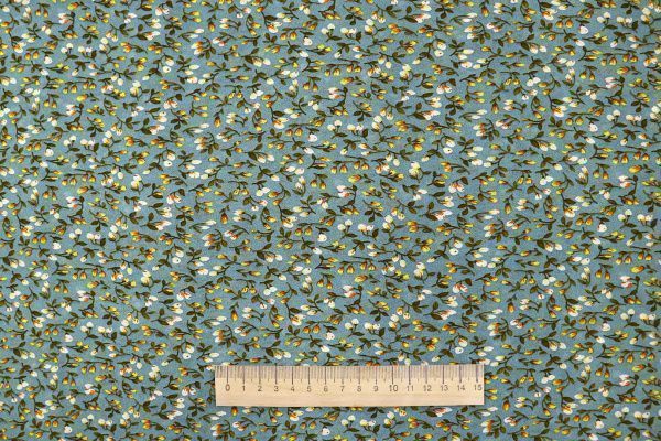 Шифон принт/цветы желто-белые на серо-синем 3707-PY/D#11/C#5