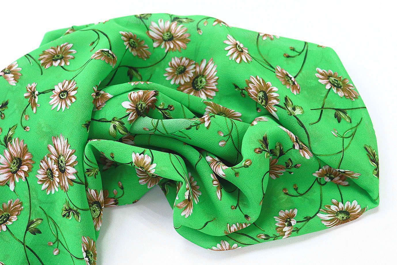 Шифон принт/цветы серо-белые на зеленом 3707-PY/D#56/C#3