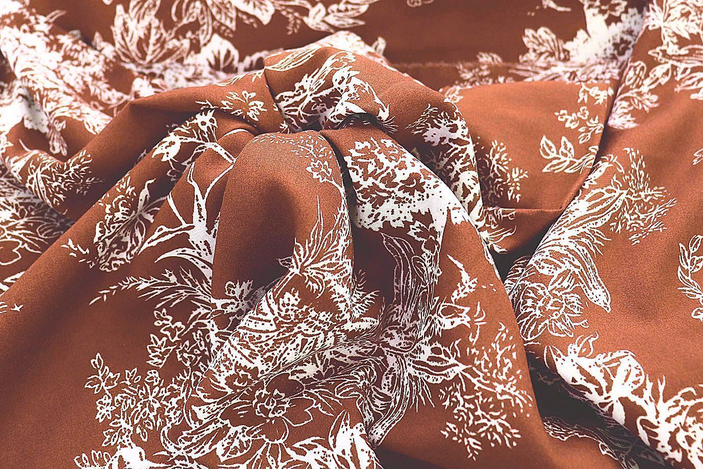 Штапель принт/цветы белые на коричневом 1374-PY/D#42/C#1
