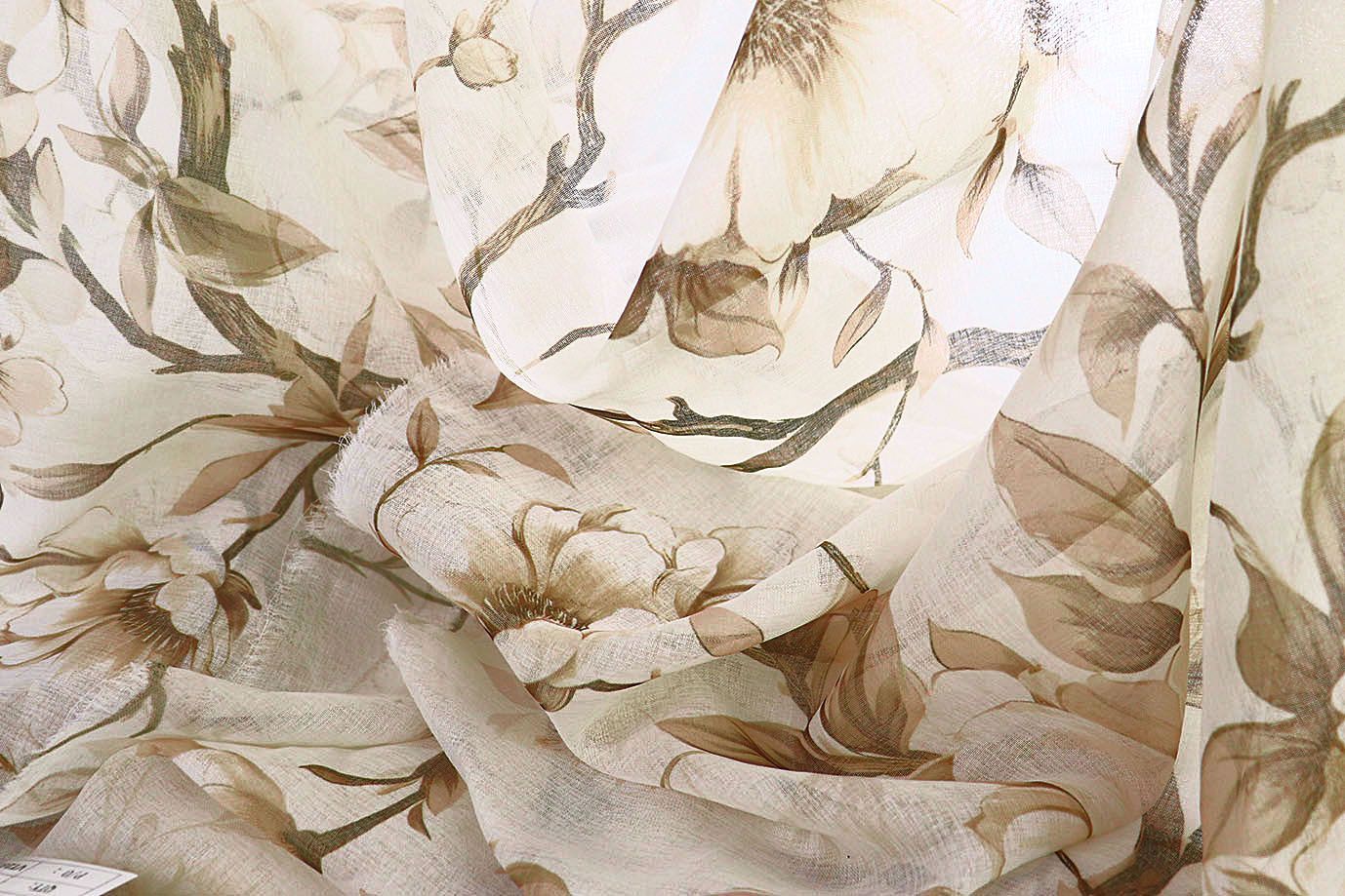 Тюль принт/цветы бело-коричневые на белом 1520-7/C#Taupe