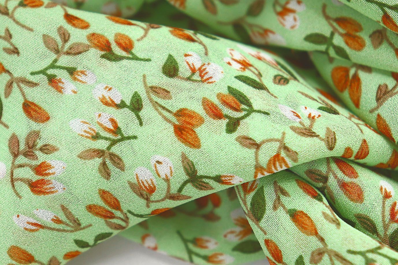 Шифон принт/цветы оранжево-белые на светло-зеленом 3707-PY/D#11/C#1