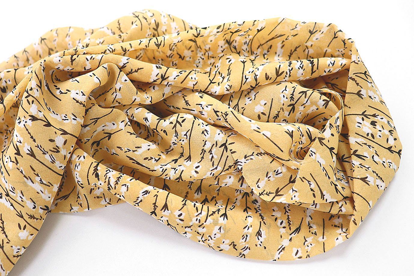 Шифон принт/цветы белые на желто-оранжевом 3707-PY/D#53/C#2