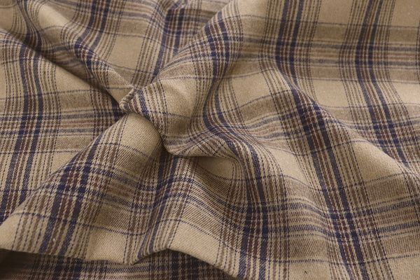 Рубашечная ткань принт/клетка синяя на светло-коричневом 1418-PY/D#2/C#1