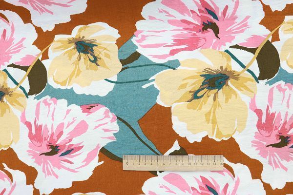 Лен БОХО принт/цветы желто-розовые на бирюзовом 3637-PY/D#3/C#3