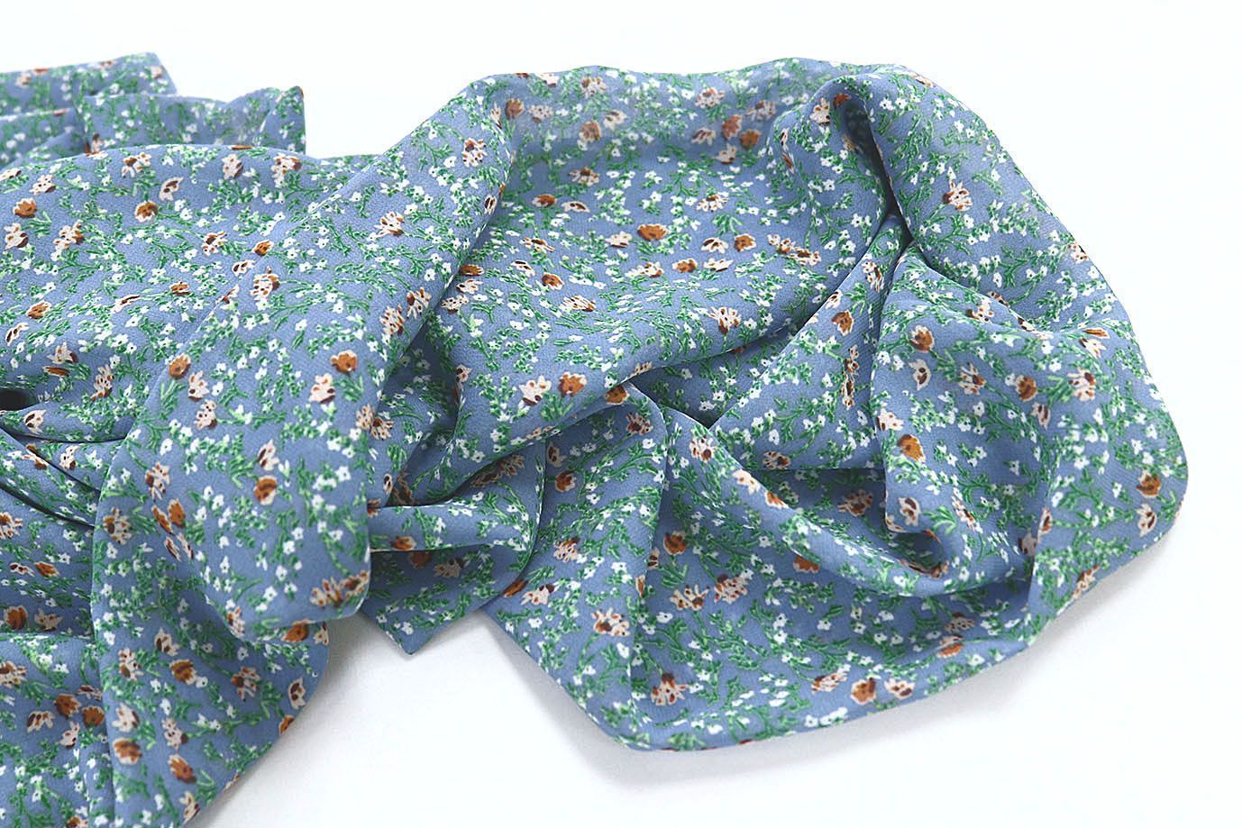 Шифон принт/цветы коричнево-зеленые на светло-синем 3707-PY/D#6/C#1