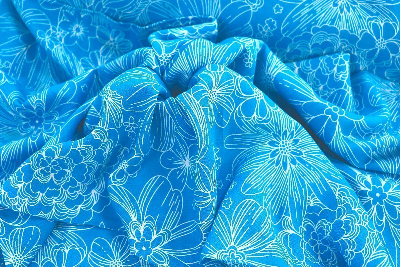 Штапель принт/цветы белые на синем 1374-PY/D#25/C#4