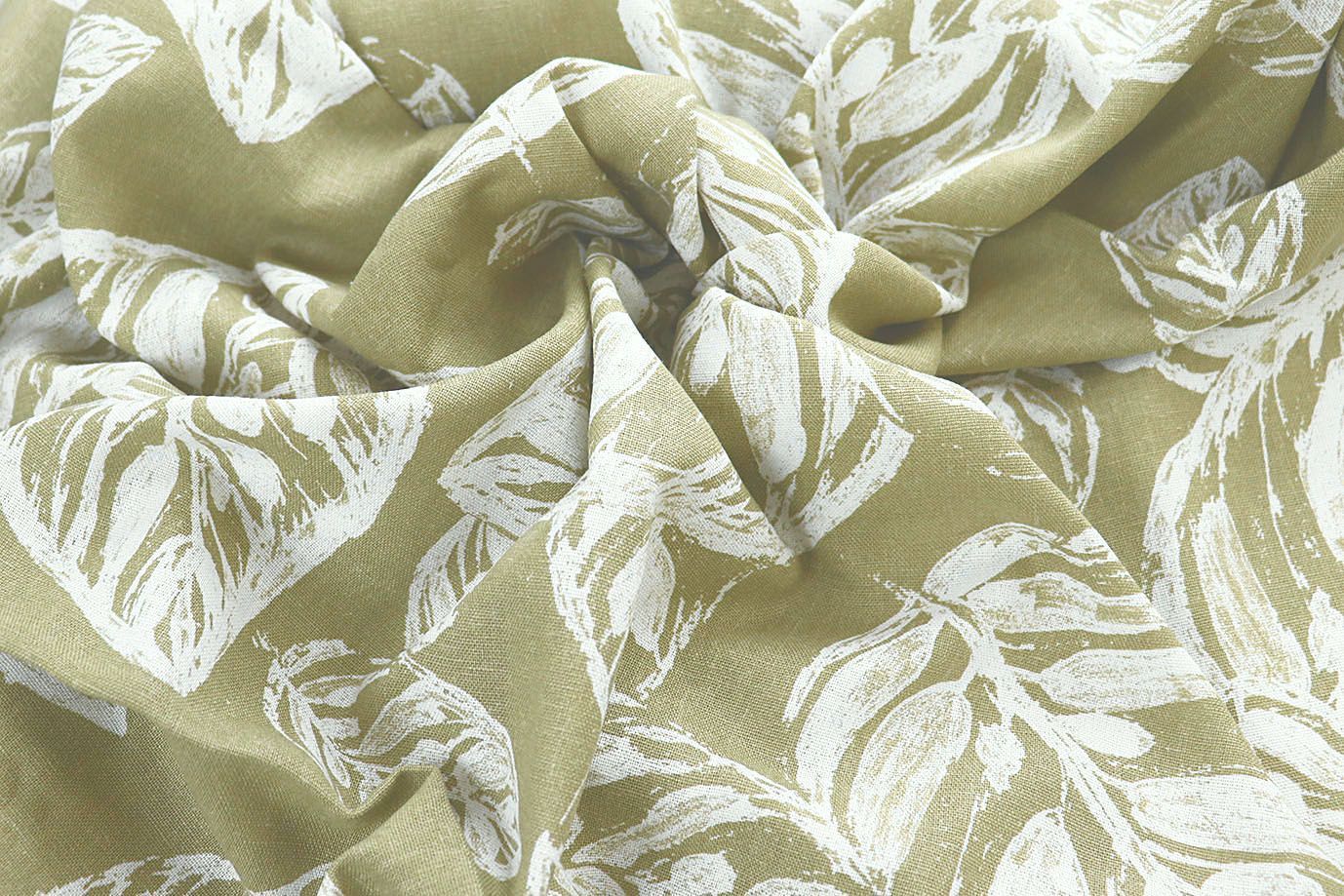 Лен принт/листья белые на серо-желтом 4076-PY/D#1/C#1