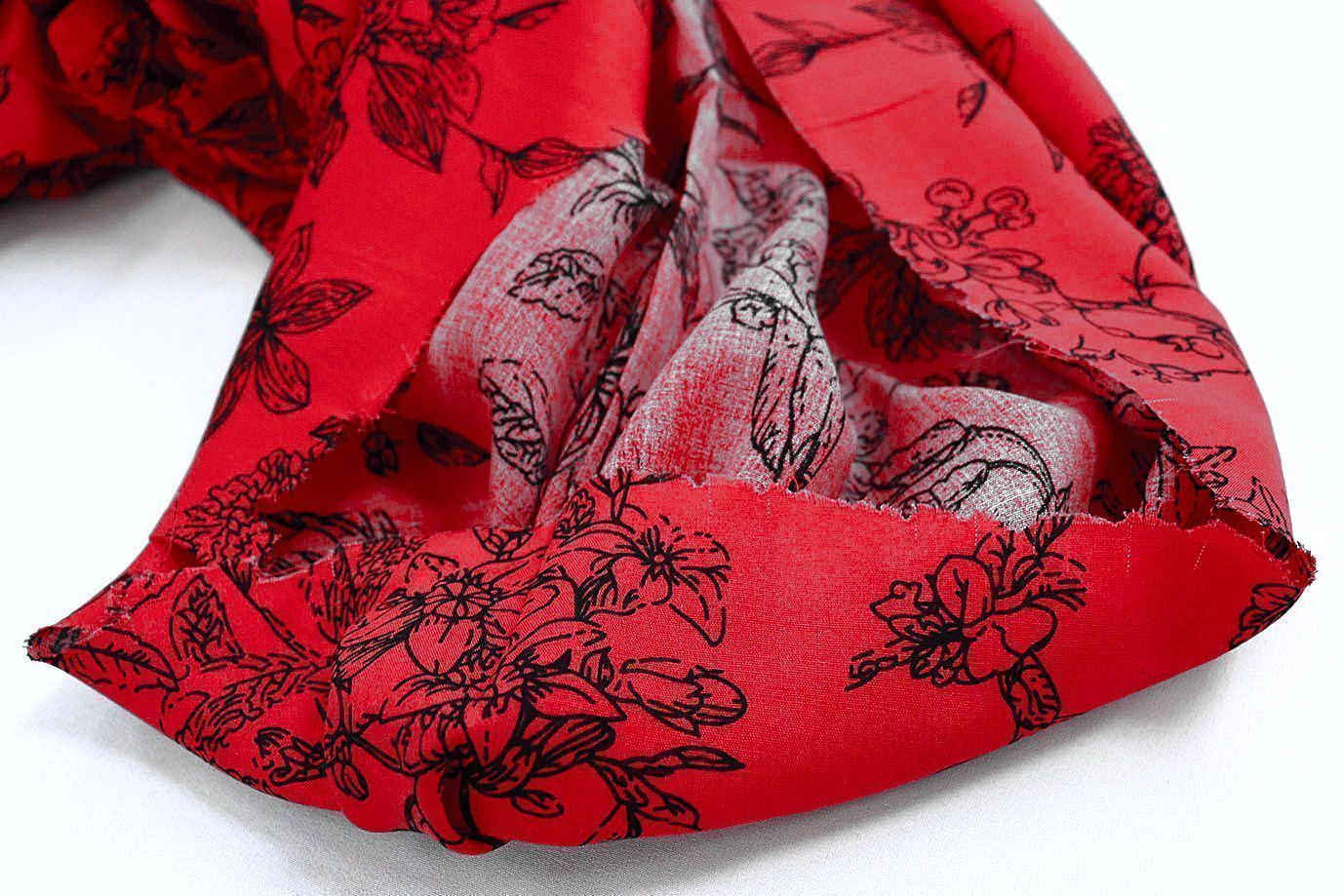 Штапель принт/цветы черные на красном 1374-PY/D#28/C#1