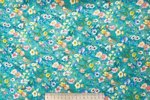Штапель принт/цветы сине-розовые на бирюзовом 4203-PY/D#14/C#1