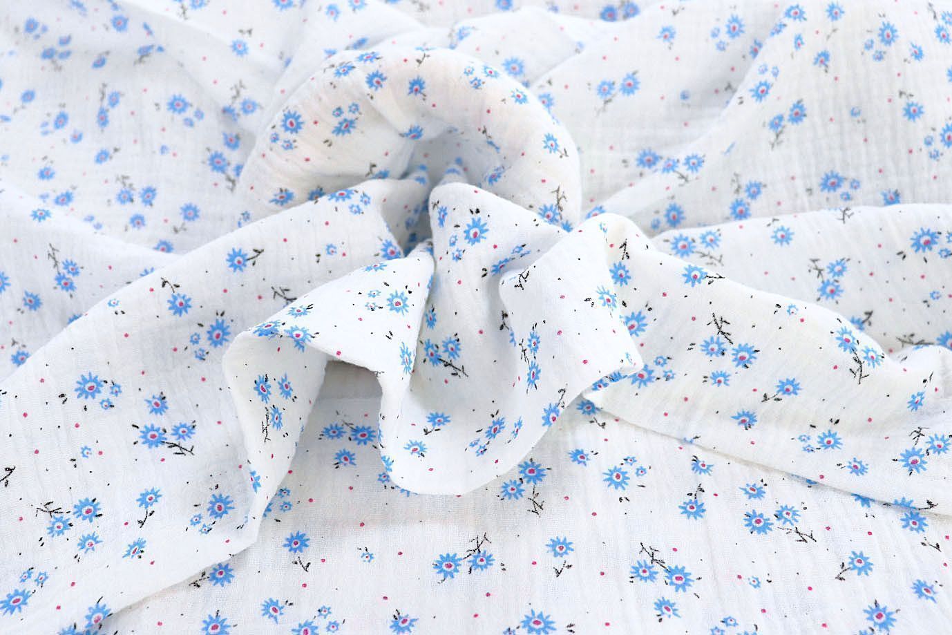 Муслин принт/цветы голубые на белом 1393-PY/D#6/C#2