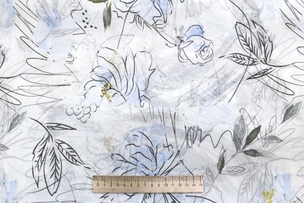 Шелк TENCEL принт/цветы черно-синие на белом 4225-PY/D#4/C#1