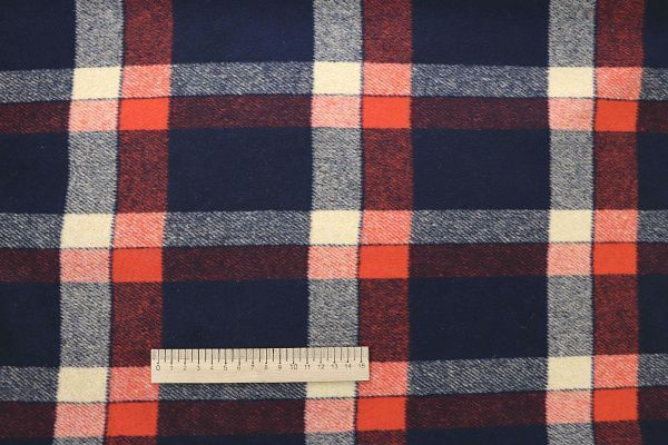 Пальтовая ткань "Микроворса" принт/клетка молочно-коралловая на темно-синем AP210318023/D#778-90135/C#8