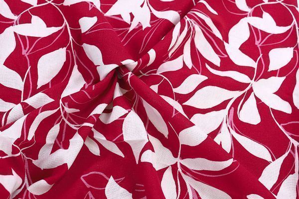Лен принт/листья белые на красном 3859-PY/D#1/C#4