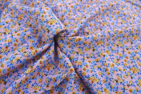 Штапель принт/цветы сине-оранжевые на розовом 3860-PY/D#45/C#1