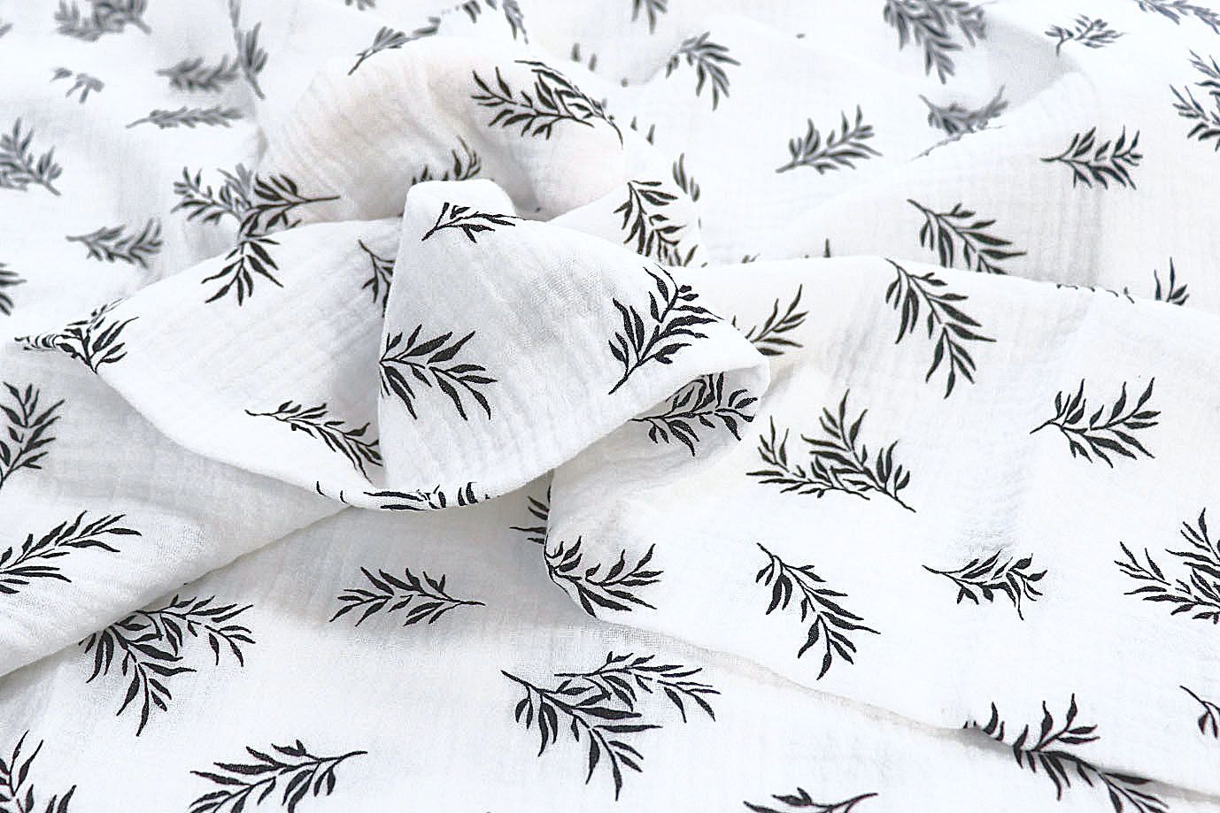 Муслин принт/листья черные на белом 1393-PY/D#14/C#3