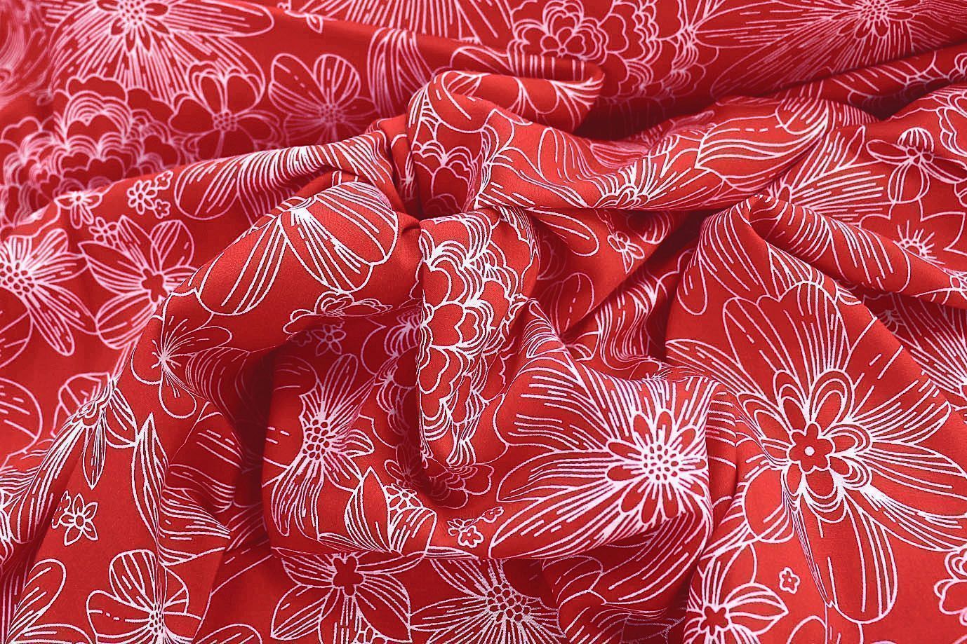 Штапель принт/цветы белые на красном 1374-PY/D#25/C#1