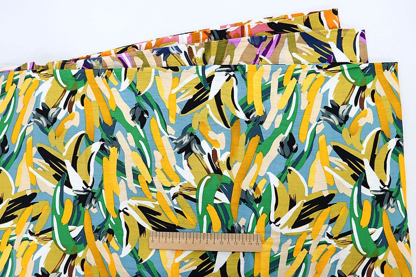 Лен БОХО принт/желто-оранжевый на голубом 3591-PY/D#9/C#2