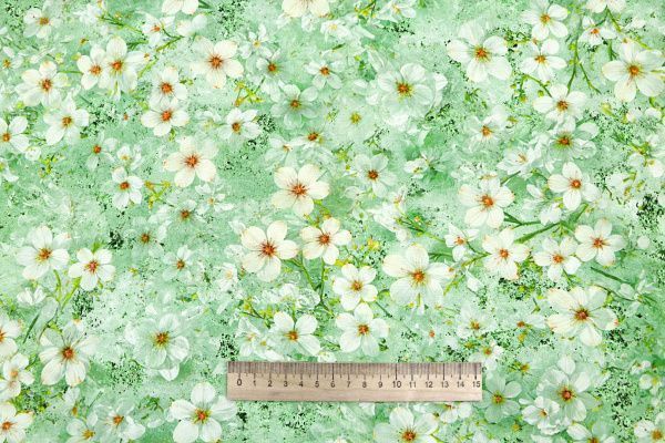 Штапель принт/цветы бело-оранжевые на зеленом 4205-PY/D#15/C#1