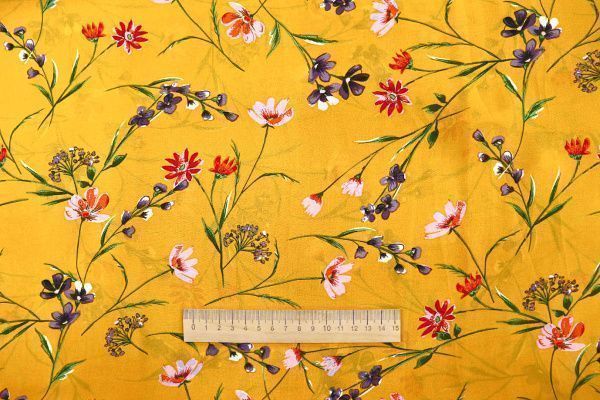 Шифон принт/цветы красно-фиолетовые на желто-оранжевом 3707-PY/D#2/C#4