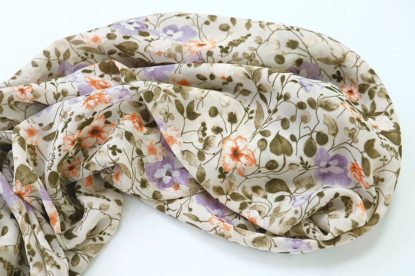 Шифон принт/цветы оранжево-сиреневые на бежевом 3707-PY/D#58/C#5