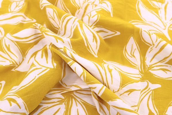 Лен БОХО принт/листья белые на желтом 3815-PY/D#1/C#3