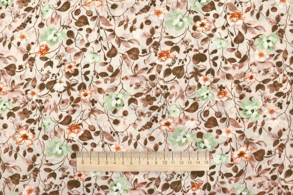 Шифон принт/цветы оранжево-зеленые на бежевом 3707-PY/D#58/C#3