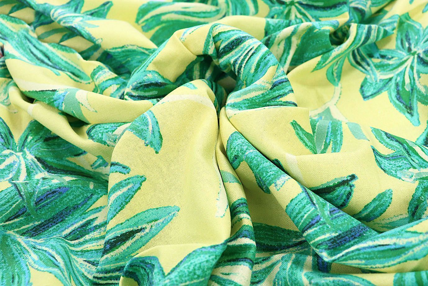 Лен принт/листья зеленые на желтом 3852-PY/D#1/C#1