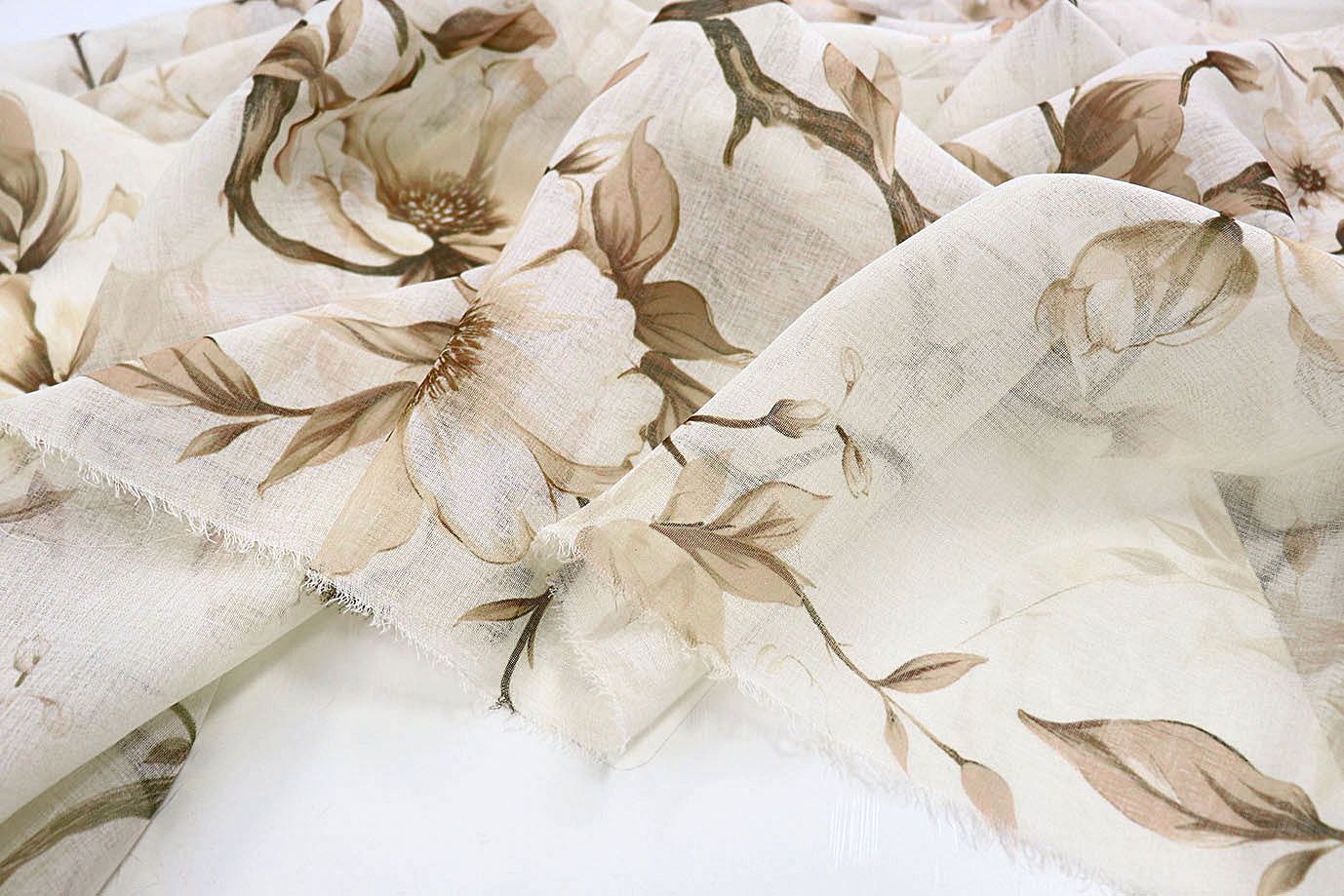 Тюль принт/цветы бело-коричневые на белом 1520-7/C#Taupe