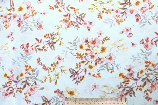 Шелк сатин принт/цветы оранжево-серые на бледно-зеленом 4104-PY/D#9/C#3