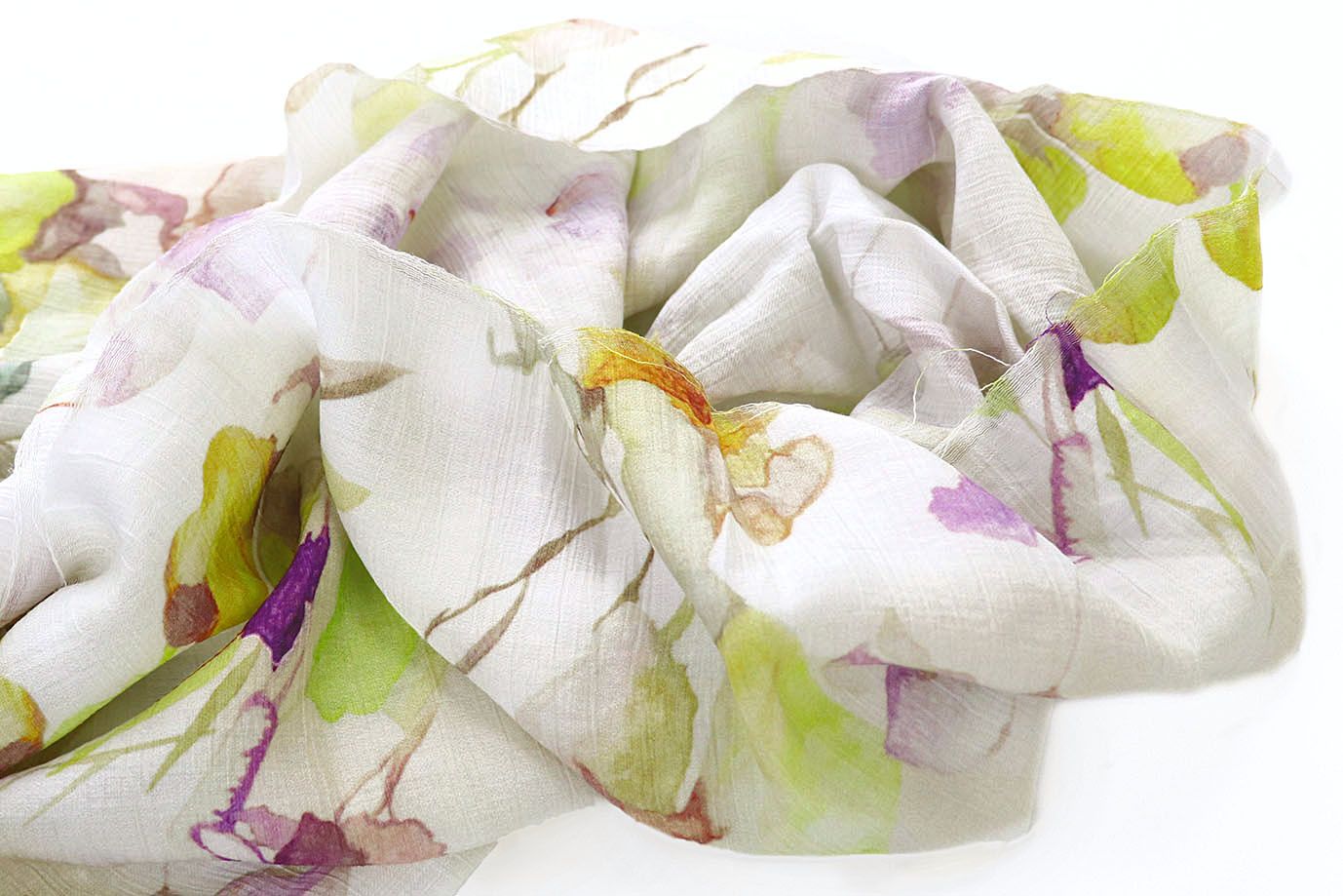 Лен "Медея" принт/цветы салатово-фиолетовые на белом 4097-PY/D#6/C#2