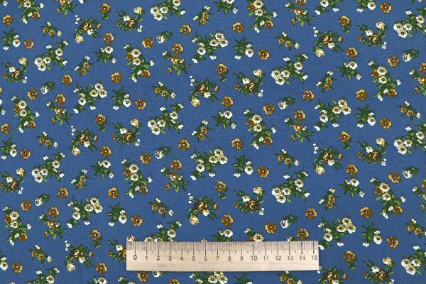 Штапель принт/цветы коричнево-зеленые на синем 4205-PY/D#1/C#1