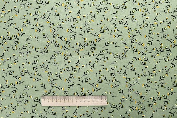 Штапель принт/цветы оранжево-черные на серо-зеленом 1443-PY/D#1/C#3