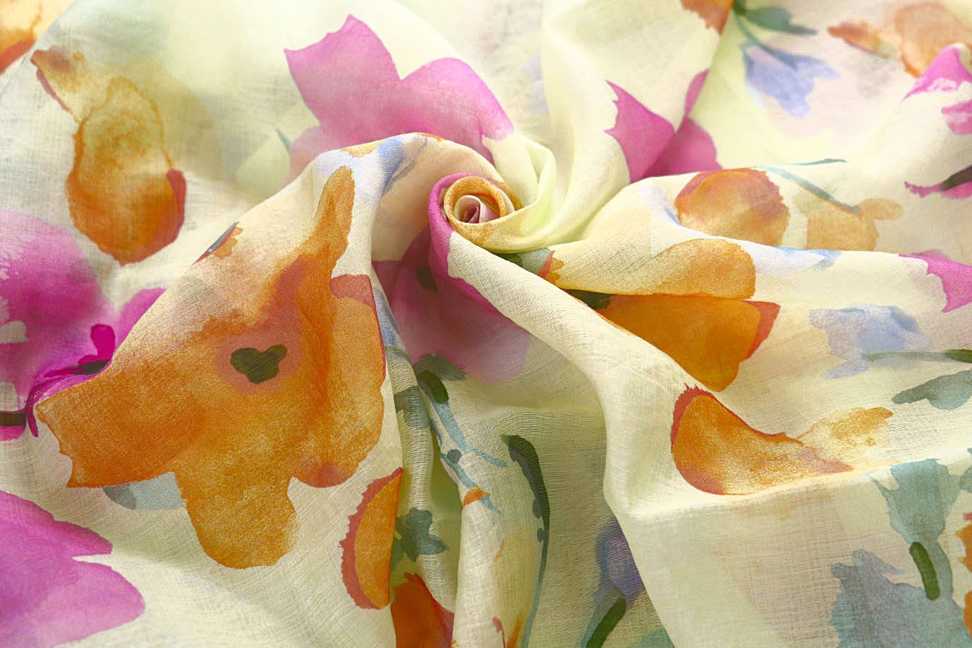 Органза принт/цветы пурпурно-оранжевые на салатном 4080-PY/D#23/C#3