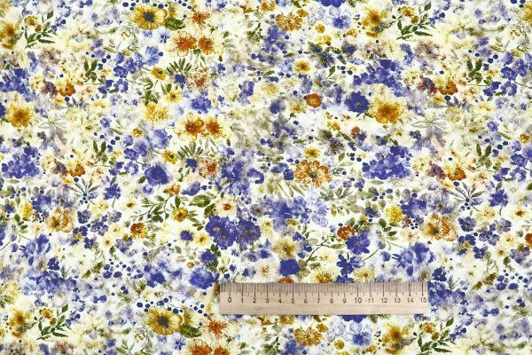 Штапель принт/цветы оранжево-синие на молочном 4205-PY/D#26/C#1