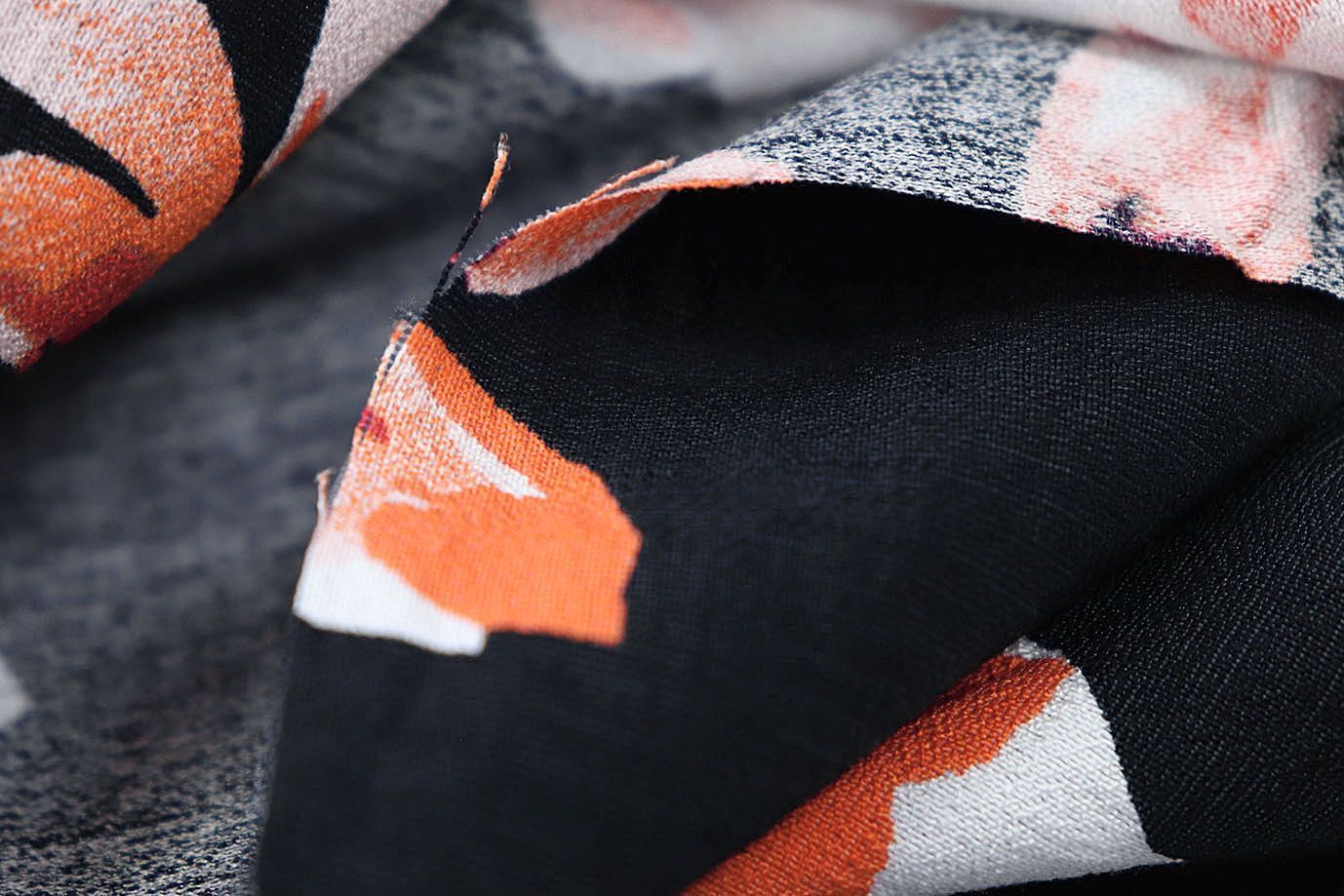 Лен БОХО принт/цветы оранжевые на темно-сером 3383-PY/D#9768-201/C#4