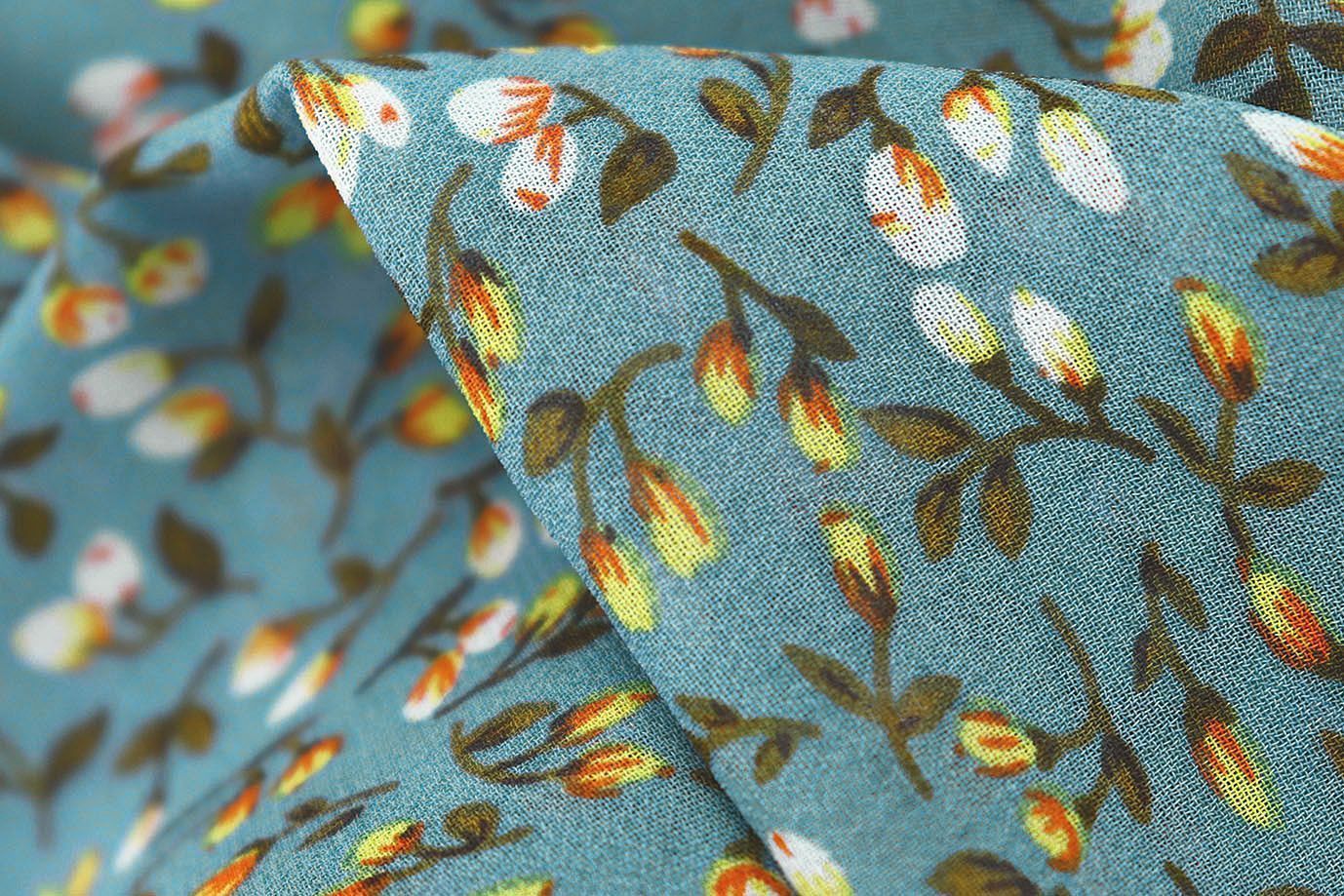 Шифон принт/цветы желто-белые на серо-синем 3707-PY/D#11/C#5