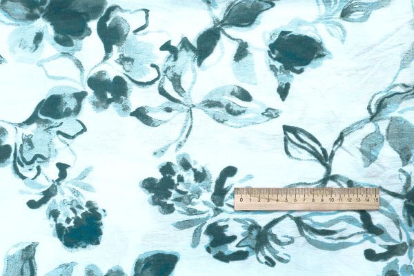 Лен БОХО принт/цветы изумрудно-голубые на белом 4075-PY/D#2/C#2