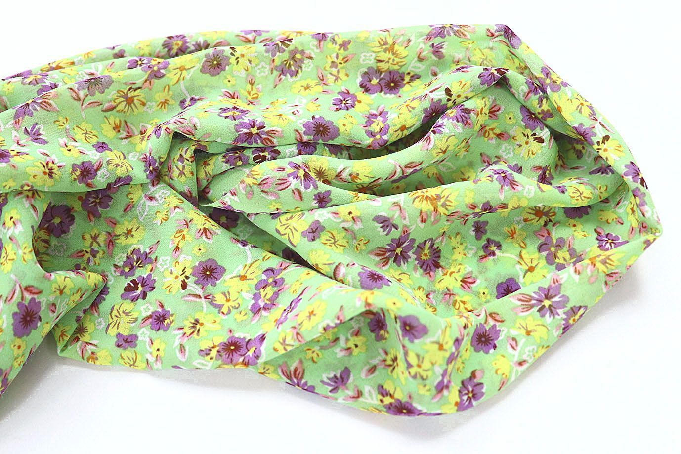 Шифон принт/цветы желто-фиолетовые на светло-зеленом 3707-PY/D#42/C#2