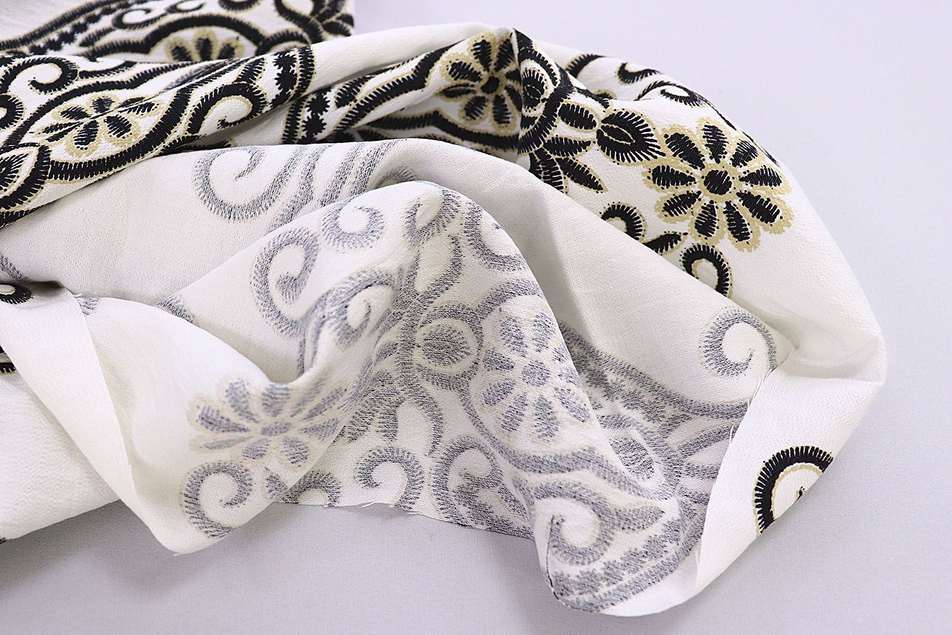 Лен БОХО принт/узор черно-бежевый на белом 3857-PY/D#3/C#3