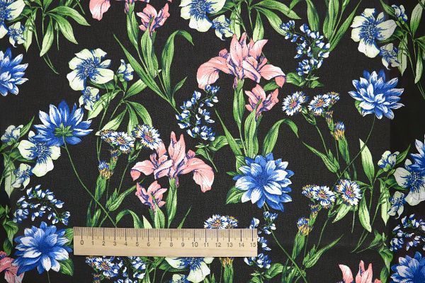 Шифон креп принт/цветы сине-розовые на черном 3639-PY/D#19/C#4